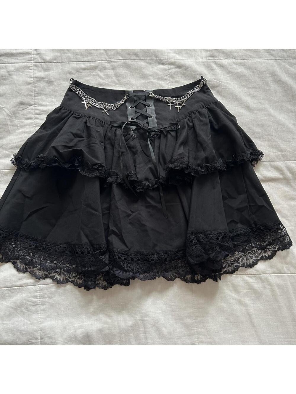 Romwe Black Corset Mini Skirt Cross Chain Lace Trim Tiered Ruffles Size XS